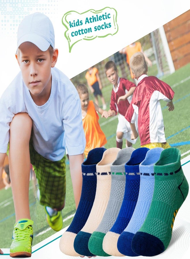 Eyean Boys Athletic Half Cushioned Ankle Socks Kids Cotton Sport Low Cut Socks 6 Pairs (Blue/Grey/Beige, 9-12 Years) - Image 2